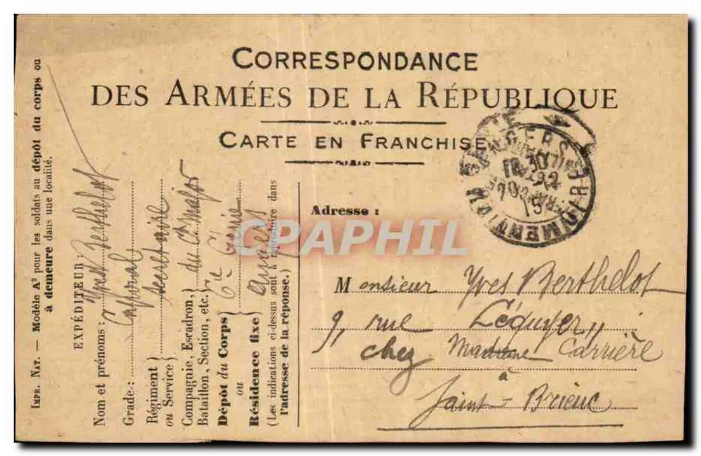 Militärische Franchise-Karte Berthelot Saint Brieuc - Vorderseite