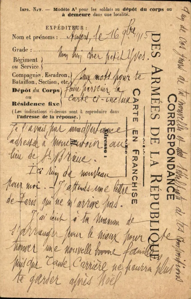Soldado Augusto — Correspondência Militar — Impr. Nat. Modelo A² — 16 setembro 1915 - Frente