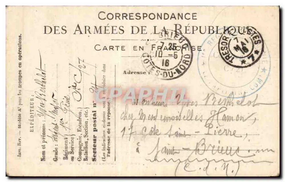 Correspondenz der Armee der Republik — Freikarte — Postsektor Nr. 16 — Côtes-du-Nord - Vorderseite