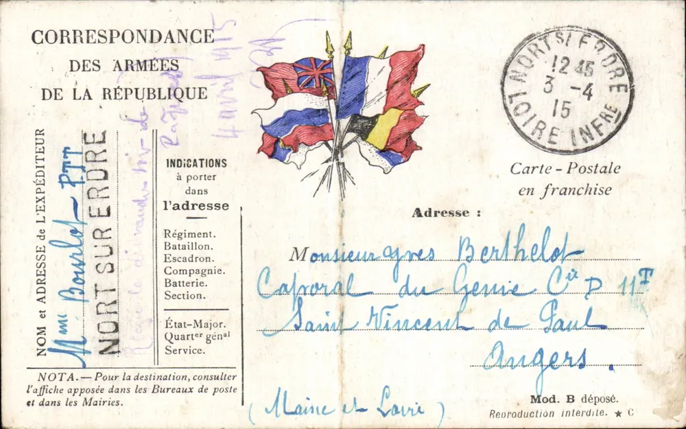Korrespondenz der Armee der Republik — Nord-sur-Érdre — Postkarte in Freimarkt - Vorderseite