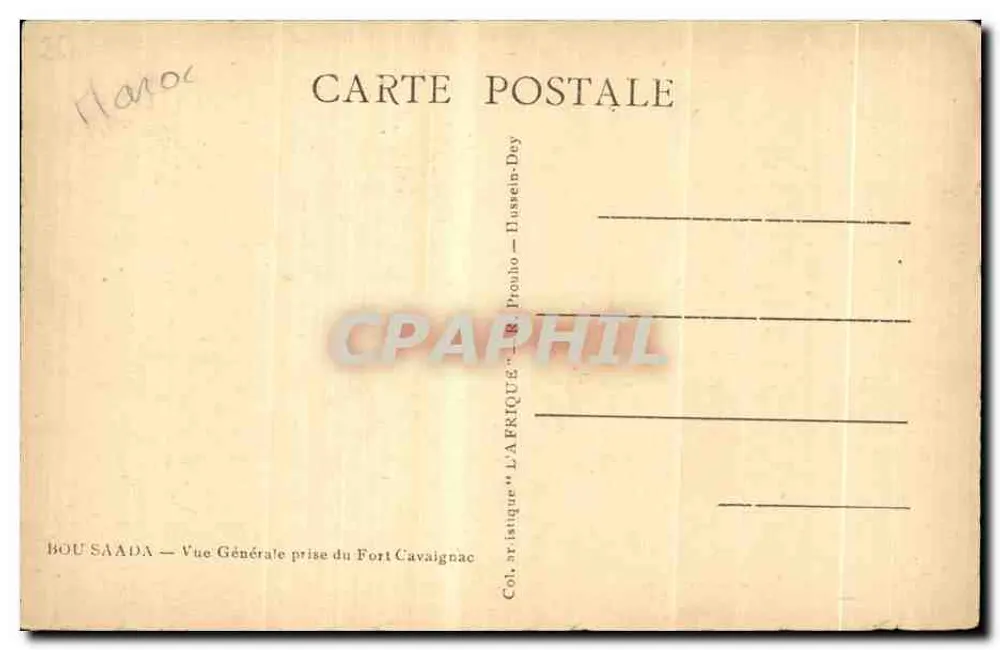 Bou Saada — Allgemeiner Blick vom Fort Cavaignac — Künstlerische Sammlung « L'Afrique » — R. Prouho — Dussen-Dey - Rückseite