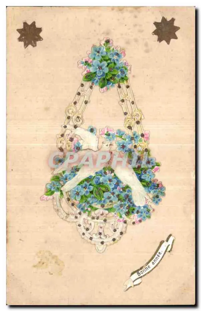 Duas pombas entrelaçadas em um quadro floral — Boa Ano — editor não visível - Frente