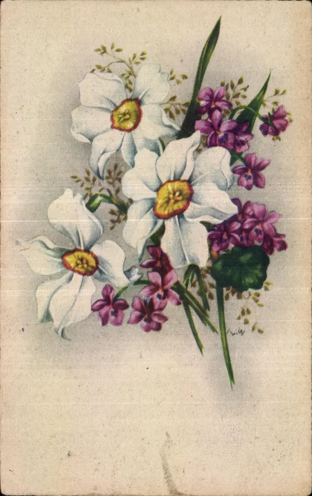 Buquê de narcisos brancos e flores violetas — R. Hamel, Paris - Frente