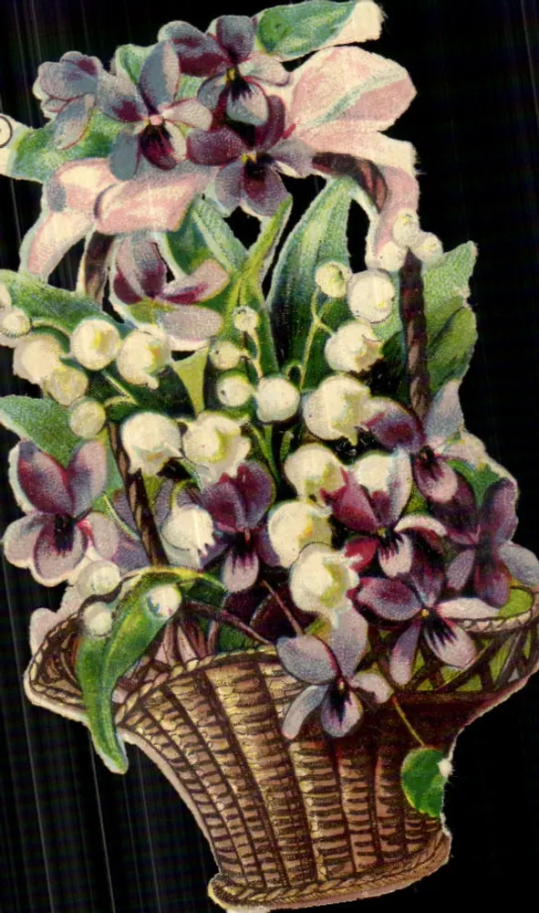 Bouquet de violettes et de muguet — dans un panier tressé — éditeur non visible - Frente