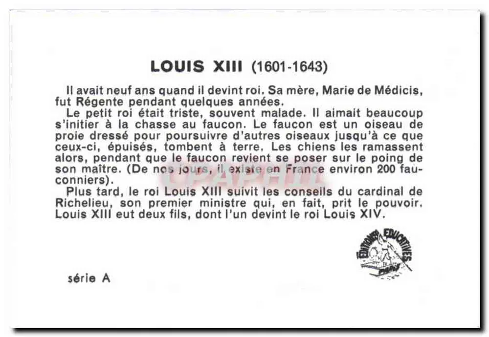 Luís XIII — caça com falcão — editor Éditions Éducatives, série A - Verso