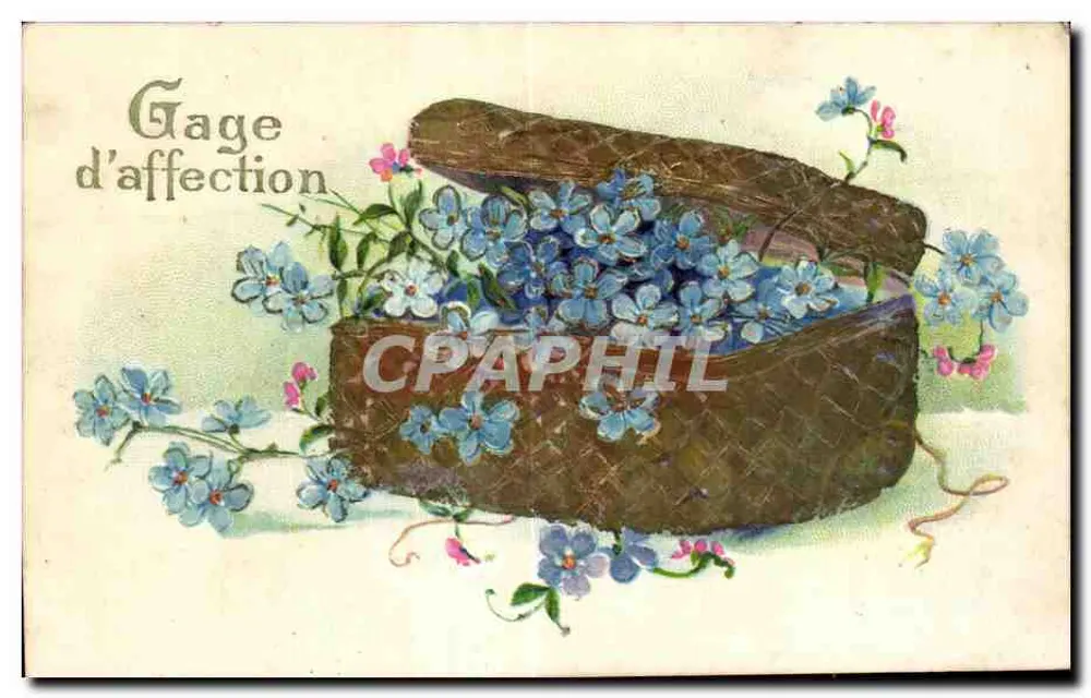 Gage d'affection — illustratie van blauwe bloemen in een mandje van riet - Voorkant