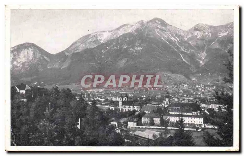 Innsbruck – Panoramablick mit Bergen im Hintergrund – Verlag Innsbruck Berg Igel gegen Nordkelle - Vorderseite