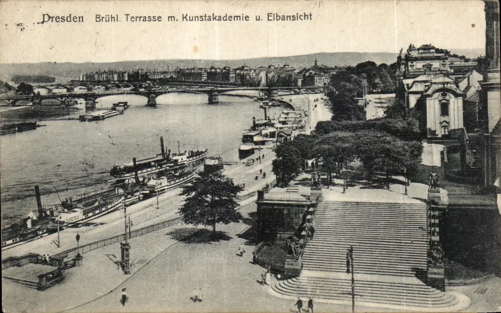 Dresden — Brühl-Terrasse mit Kunstakademie und Blick auf die Elbe — Verleger unbekannt - Vorderseite
