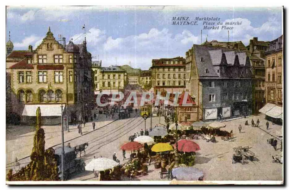 Mainz, Marktplatz — belebter Platz mit Händlern und Straßenbahn — Verlag C.S.M. Geography - Vorderseite