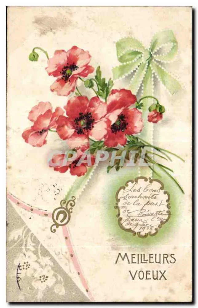 Mohnblumenstrauß — Die Herzen senden von Poupette — 1908 — Beste Wünsche - Vorderseite