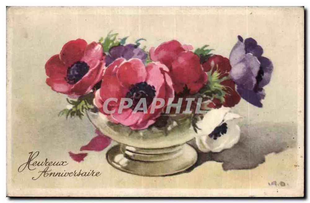 Büschel Anemone — Geburtstag — A.O. (Unterschrift) — unbekannter Verlag - Vorderseite
