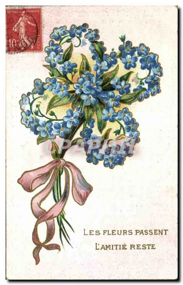 Arranjo de flores azuis — A amizade permanece — editor desconhecido - Frente