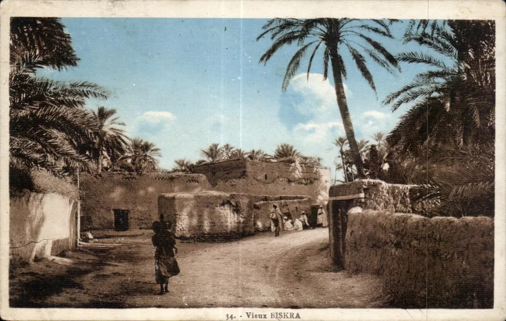 Oude Biskra — straat omringd door palmboom en gebouwen van klei — uitgever Éd. Bodo, Alger, n° 34 - Voorkant