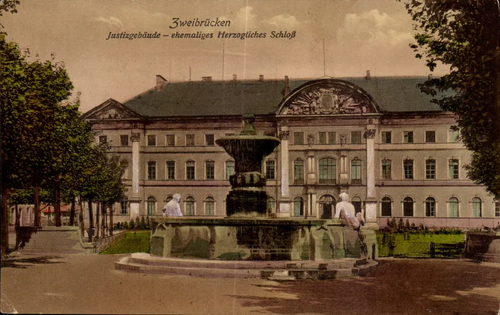 Zweibrücken — Justizgebäude – ehemaliges Herzogliches Schloss — Verlag Fr. Leimanns Buchhandlung - Vorderseite