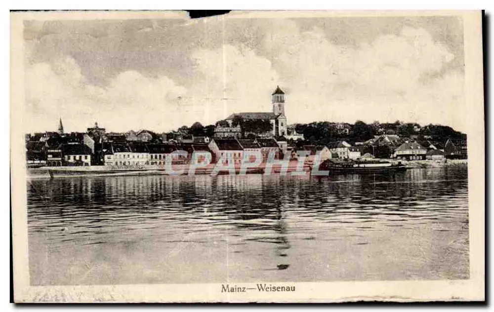 Mainz-Weisenau — vista do porto e da igreja — editor não identificado - Frente
