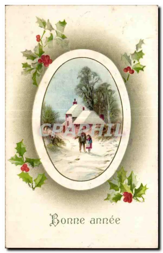 Winterlandschaft — schneedecktes Haus mit zwei Personen — 'Frohe Weihnachten' — Tannenbaumdekor - Vorderseite