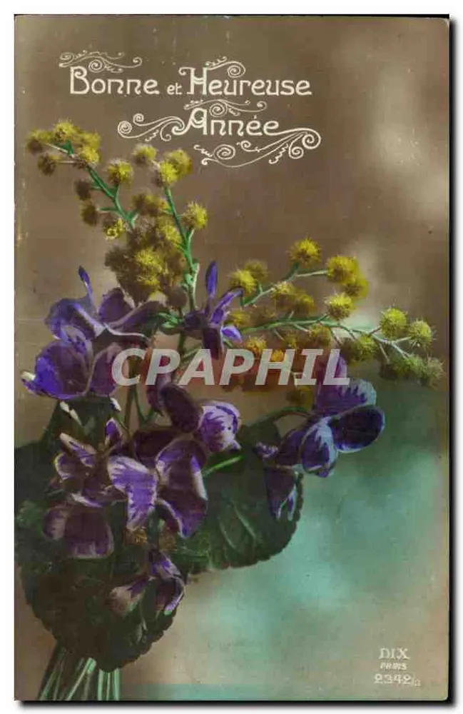 Blütenstrauß aus Violett und Mimose — Frohe Weihnachten — DIX PARIS 2342 - Vorderseite