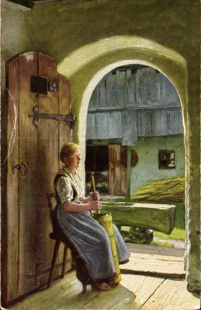 Frau in einer Scheune — ländliche Szene — Verlag Eutien-Verlag, Berlin, Nr. 1117 - Vorderseite
