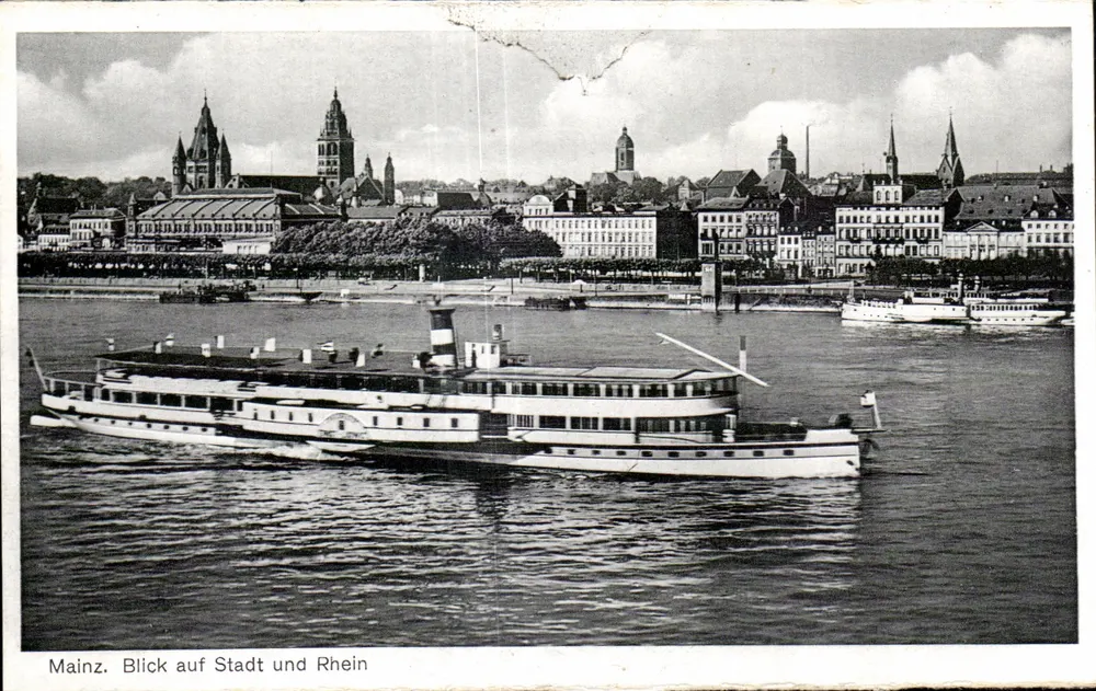 Mainz — Ansicht der Stadt und des Rheins — J. Velton Verlag i. B., Karlsruhe - Vorderseite