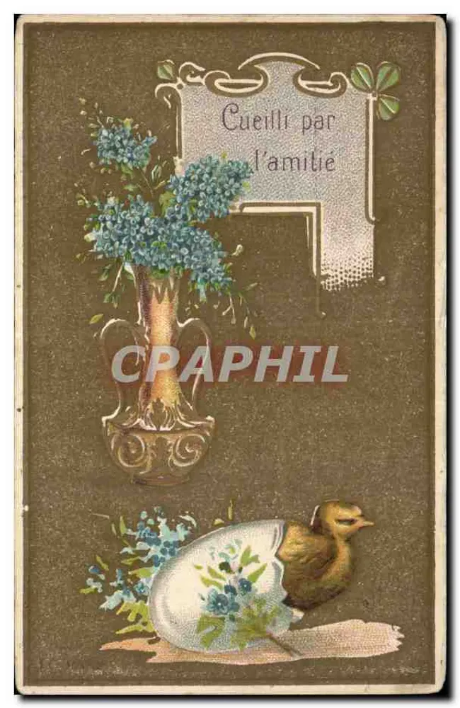 Flores e pintinho — 'Cueilli par l'amitié' — editor desconhecido - Frente