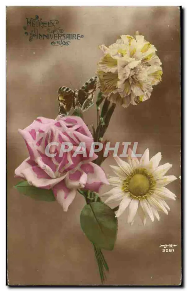 Blumen und Schmetterling — Frohes Geburtstag — J.K. 9081 - Vorderseite