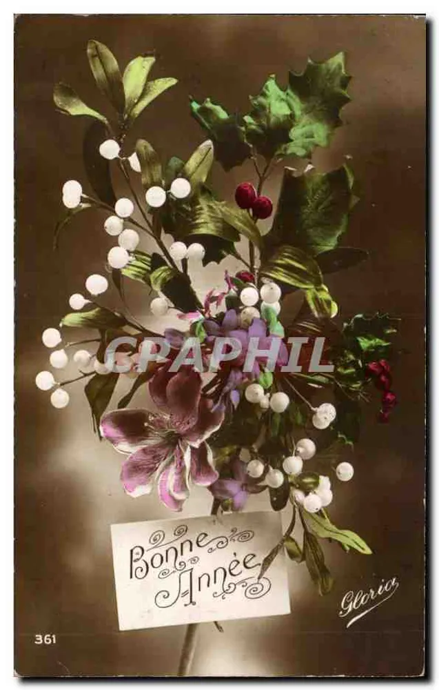 Holly und Blumenbouquet — Frohe Neujahr Gloria — n° 361 - Vorderseite