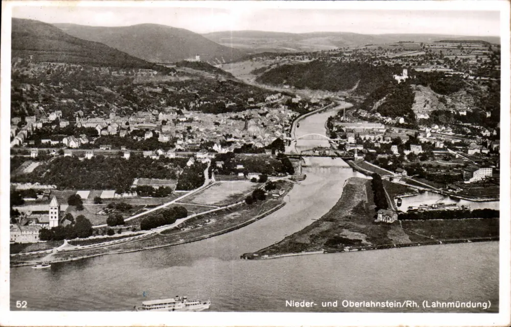 Nieder- und Oberlahnstein/Rhein (Mündung der Lahn) — luftaufnahme des Flussmunds — Verlag nicht sichtbar, Nr. 52 - Vorderseite