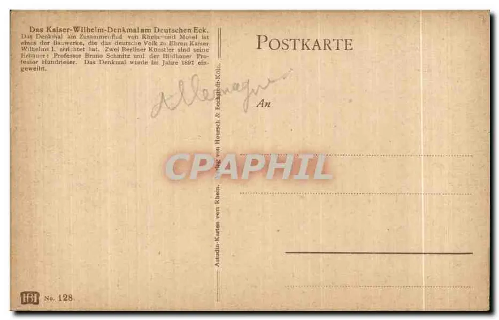 Kaiser-Wilhelm-Denkmal am Deutschen Eck — Rhein und Mosel — Verlag HB, Nr. 128 - Rückseite