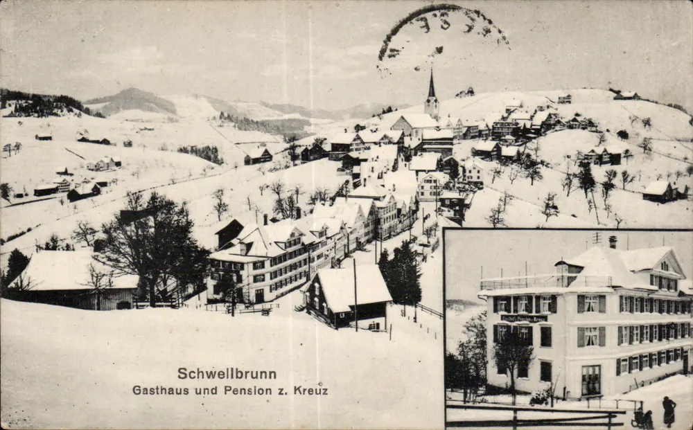 Schwellbrunn — winterliche Ansicht mit Gasthaus und Pension z. Kreuz — Verleger nicht sichtbar - Vorderseite