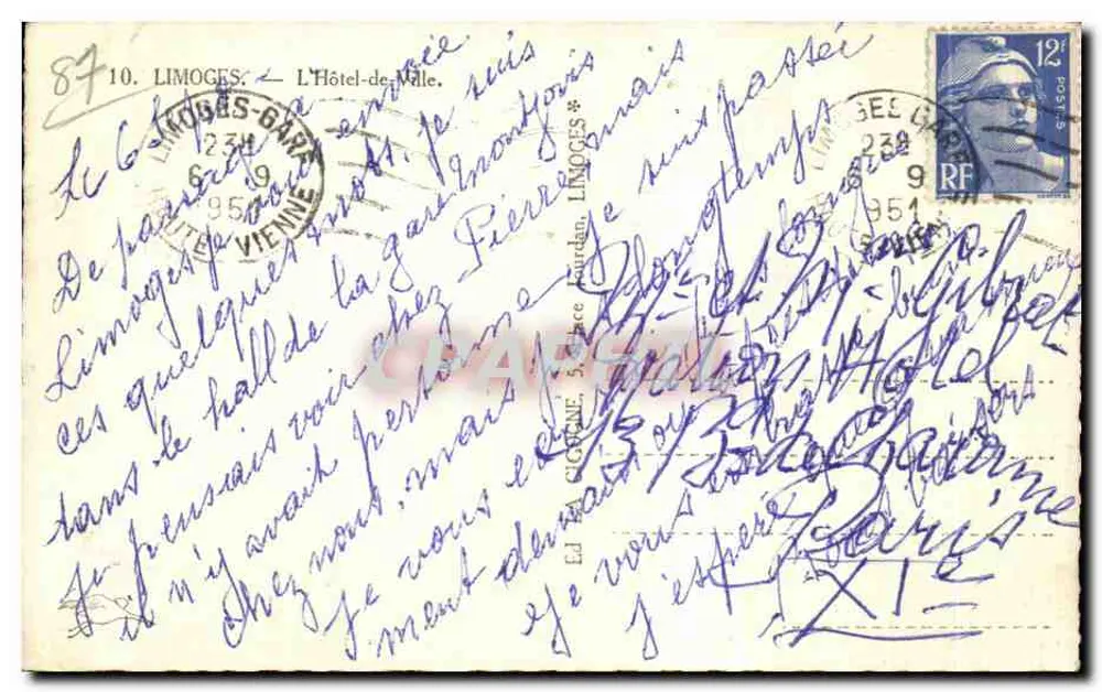 Limoges — Hôtel de Ville — éditeur imprimeur non visible - Verso