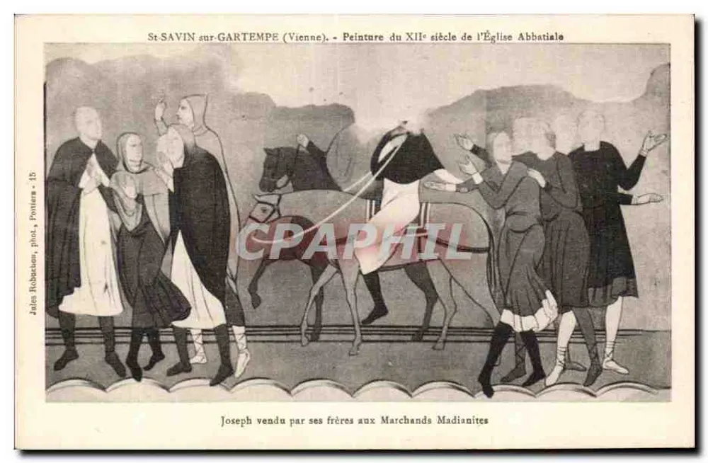 St-Savin-sur-Gartempe (Vienne) — 12. Jahrhundert-Malerei der Abteikirche — Joseph von seinen Brüdern an die Midianer Händler verkauft - Vorderseite