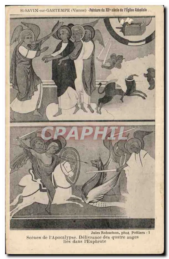 St-Savin-sur-Gartempe (Vienne) — 12. Jahrhundert-Malerei der Abteikirche — Szenen aus der Apokalypse. Befreiung der vier Engel im Euphrat — Jules Robuchon, phot. Poitiers - 1 - Vorderseite