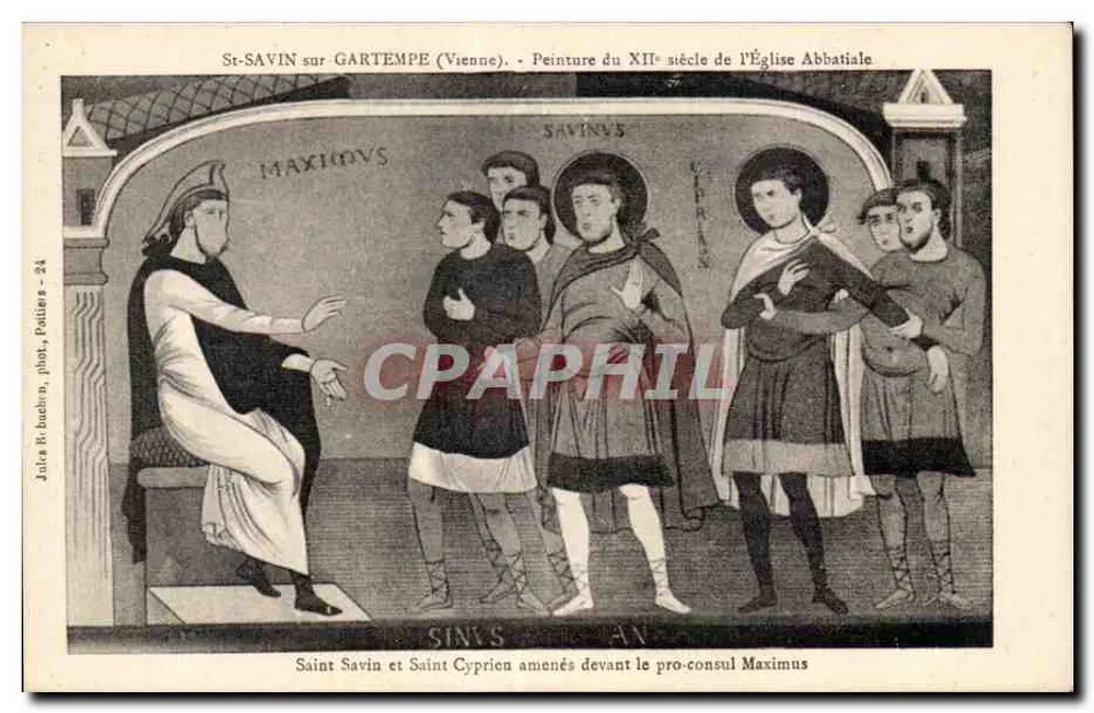Saint Savin und Saint Cyprien vor dem Prokonsul Maximus gebracht — 12. Jahrhundert-Malerei der Abteikirche — St-Savin-sur-Gartempe (Vienne) — Jules B. Buchin, gefaltet, Poitiers - 24 - Vorderseite