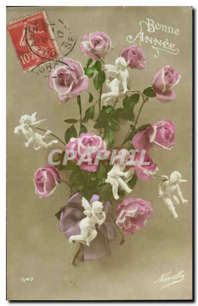 Blumenstrauß aus Rosen und Putti — Frohe Neujahr — Moretta - Vorderseite