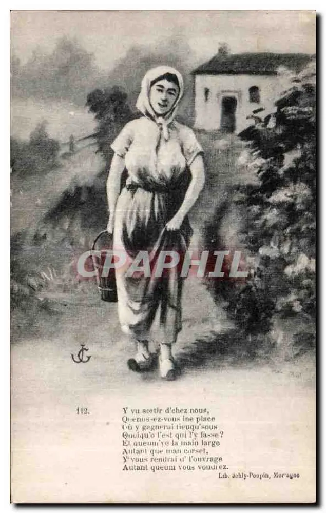 Frau im Schürzen und Hut — gedrucktes Gedicht — Lib. Jéhly-Poupin, Moragno - Vorderseite