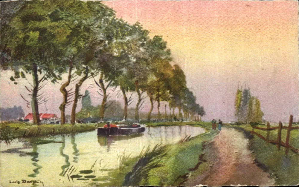 Canal cercado de árvores — Louis Daaphui — Impresso na Suíça, n° 411 - Frente