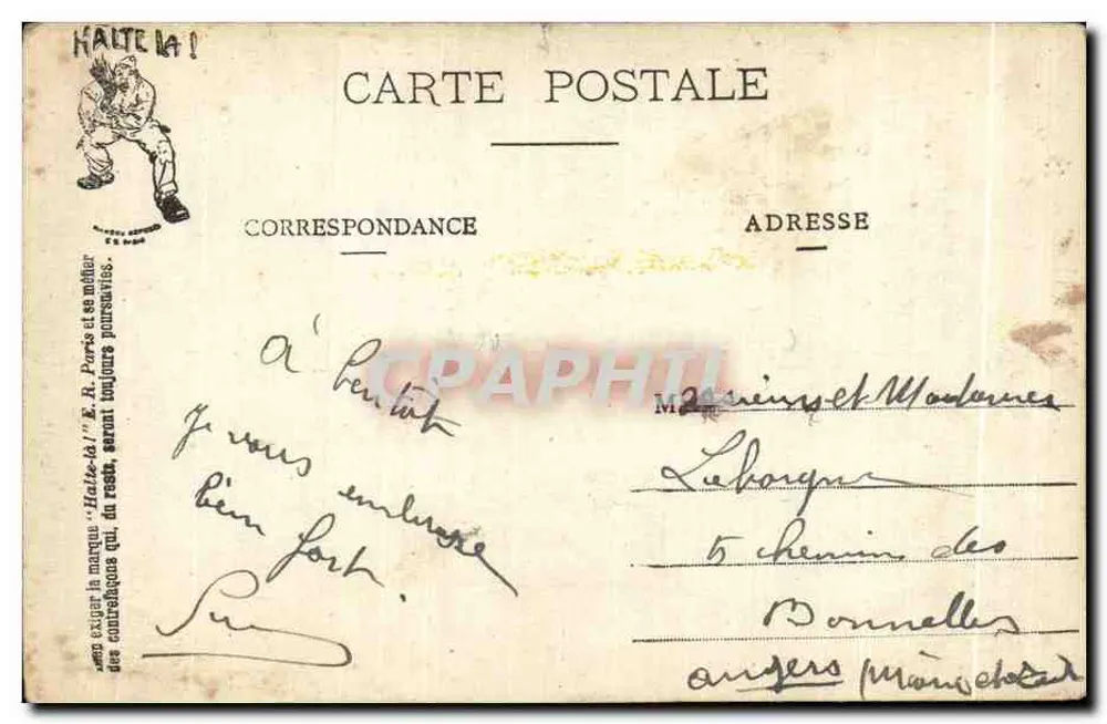 Halte la ! — Erlaubnis-Telegramm — E.R. Paris, Modell angemeldet - Rückseite