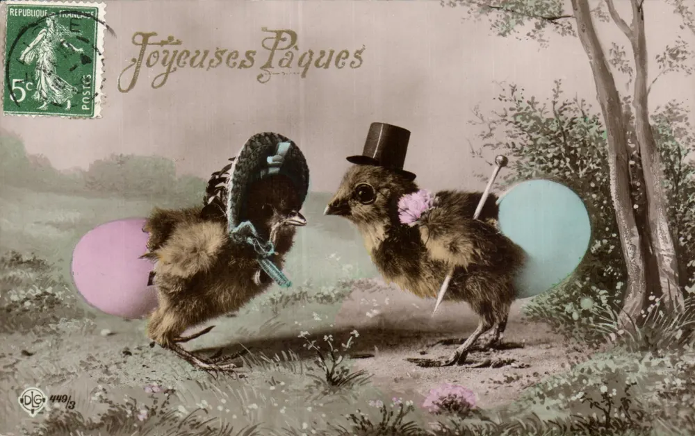 Dois pintinhos em traje festivo — Feliz Páscoa — editor DIG n°449/3 - Frente
