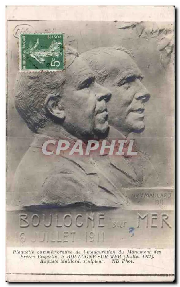 Boulogne-sur-Mer — Gedenkplakette zur Eröffnung des Denkmals der Frères Coquelin — Auguste Maillard, Bildhauer - Vorderseite