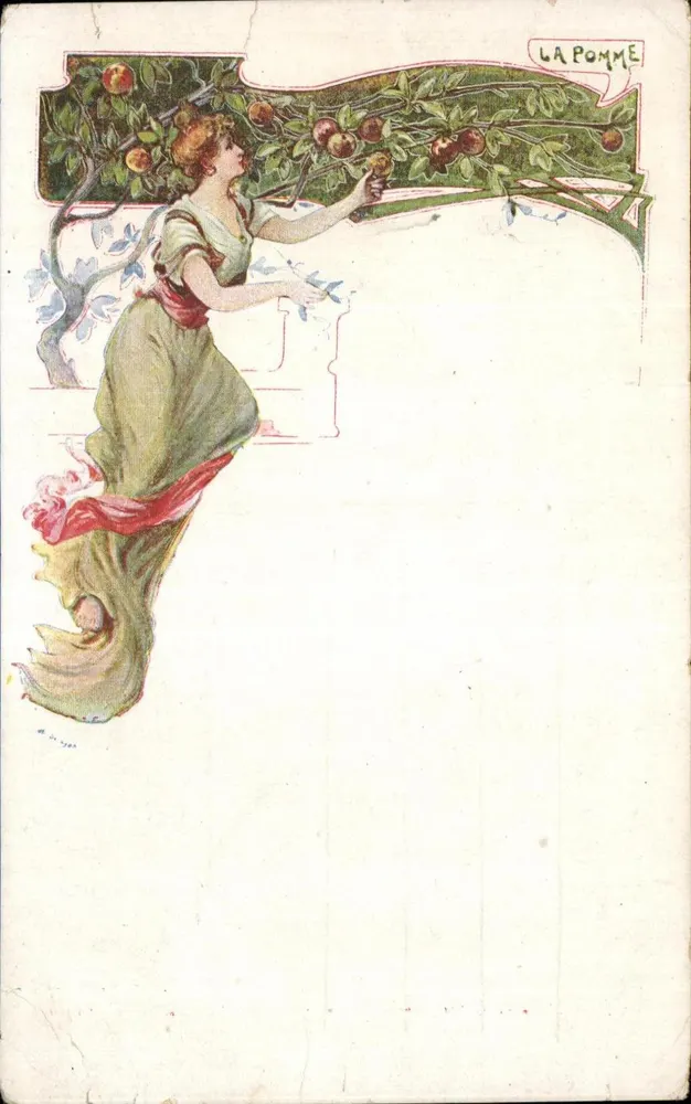 Frau, die Äpfel pflückt — Kunstwerk im Stil Art nouveau — Verleger 'LA POMME' (gedruckt auf der Karte) - Vorderseite
