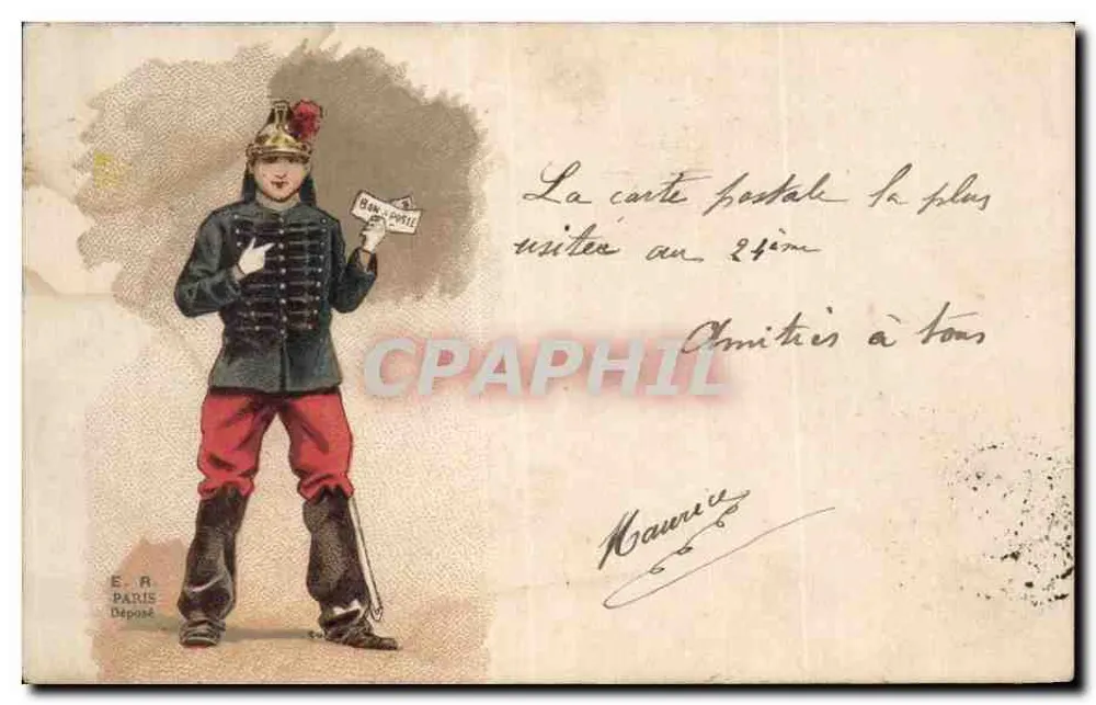 Soldado em uniforme — cartão postal humorístico — E.R. PARIS Dépôt - Frente