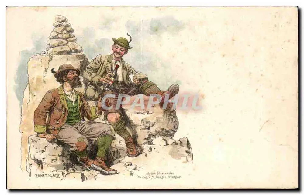 Zwei Alpinisten am Ernstplatz — Ruhepause auf einem Felsbauwerk — Verlag v. M. Seeger, Stuttgart - Vorderseite