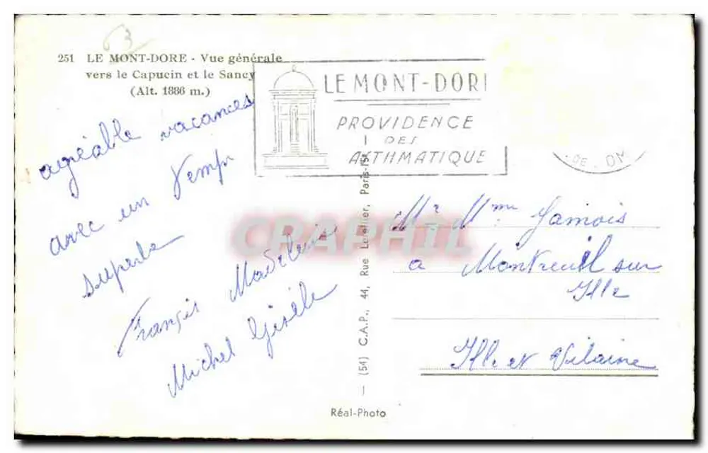 Le Mont-Dore — Vista geral em direção ao Capucin e ao Saney (Alt. 1886 m.) — C.A.P. Réal-Photo, n° 251 - Verso