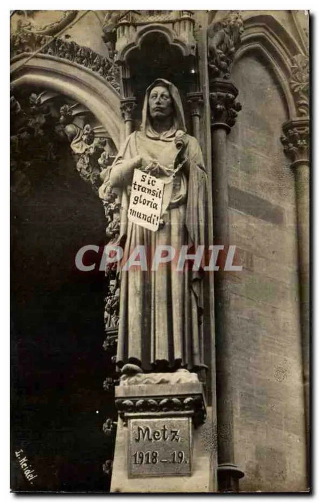 Statua Najświętszej Maryi Panny w Metz — inskrypcja 'Sic transit gloria mundi!' — I. Heid, 1918-19 - Awers