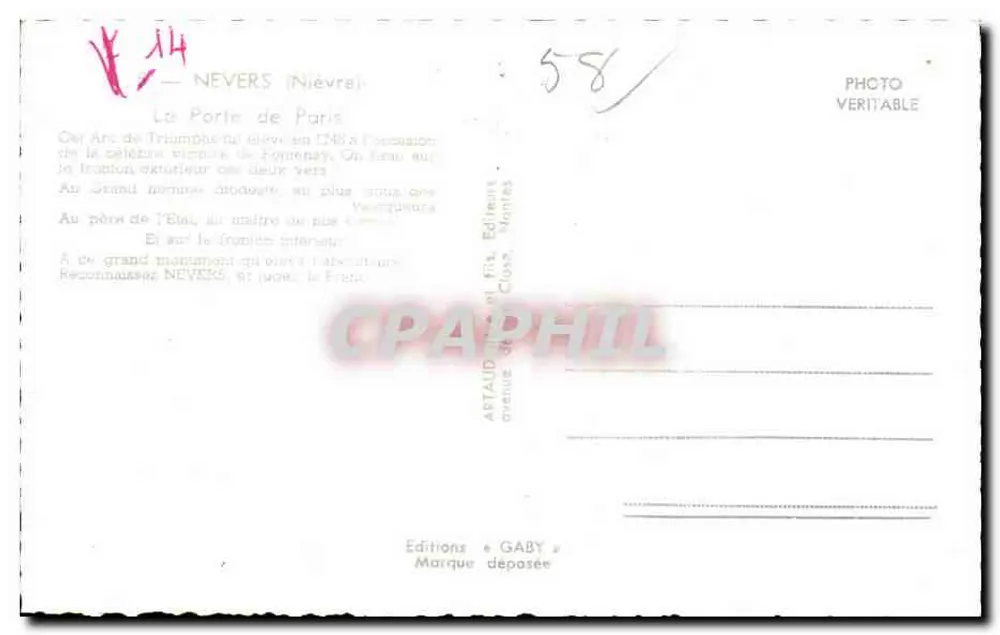 Nevers (Nièvre) — A Porta de Paris — Edições Gaby, n°58 - Verso