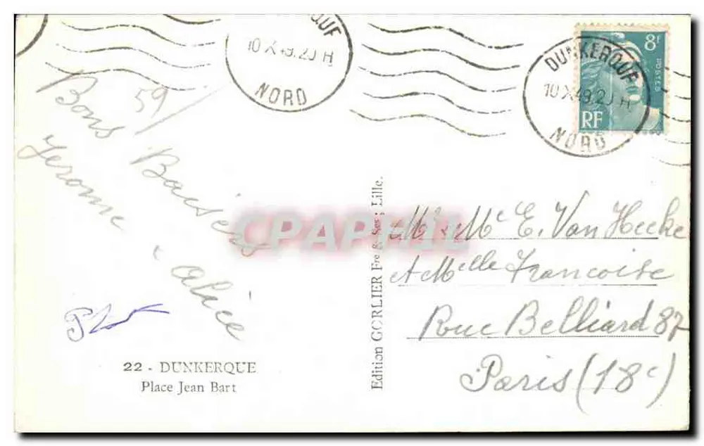 Place Jean Bart — Dunkerque — Edição GORLIER, série 22 - Verso