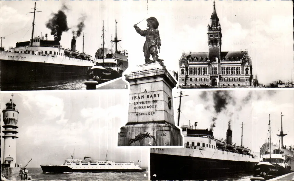 Dunkerque — Vista composta do porto, do monumento Jean Bart e do prédio municipal — Edições Photo du Globe, Paris - Frente