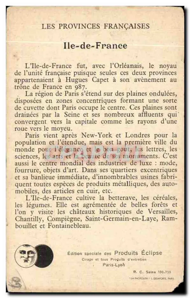 Île-de-France — historische Ansichtskarte — Sonderausgabe von Produits Éclipse - Rückseite