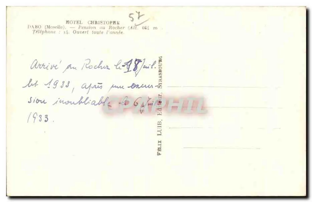 Hotel Christophk — Dâro (Moselle) — Verleger Félix Lüib, Straßburg - Rückseite