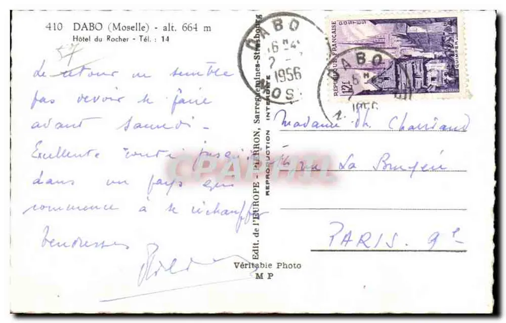 Hotel do Rocher — Dabo (Moselle) — Edit. de l'Europe, Strasbourg - Verso